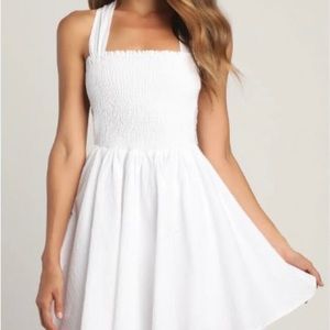 Lulu’s Best Girl White Smocked Cross-Back A-Line Mini Dress